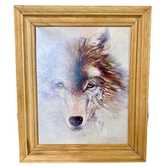 Red Wolf White Light Framed Numbered Painting by Kathryn Weisberg Vintage 1991 - Picture 1 of 4